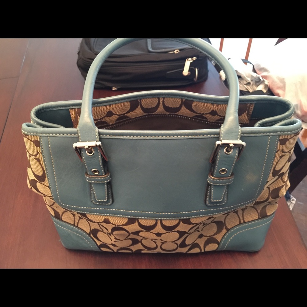Blue and tan coach bag